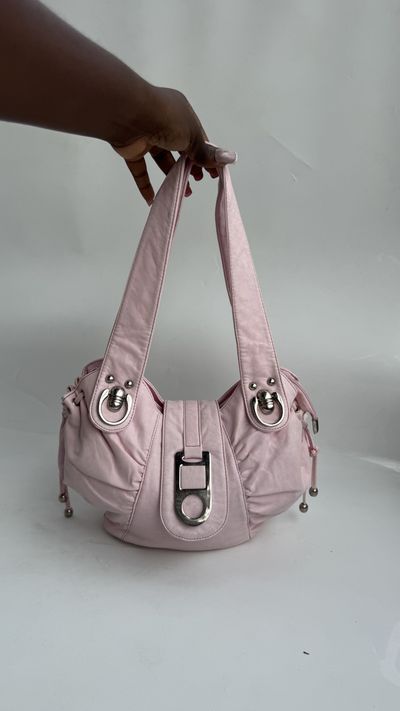 Pink Leather Drawstring Bag
